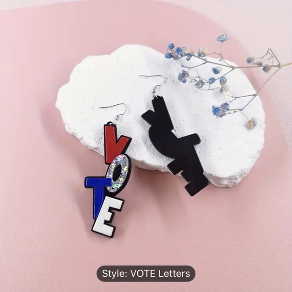 Vote Earrings large drop Earrings, acrylic, silvery USA flag colors women NEW - Picture 6 of 8